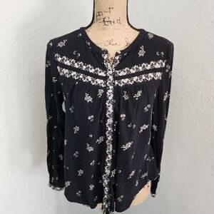 Lucky Brand Blouse Womens SZ Med Microfloral Boho Button Down Cottagecore Casual